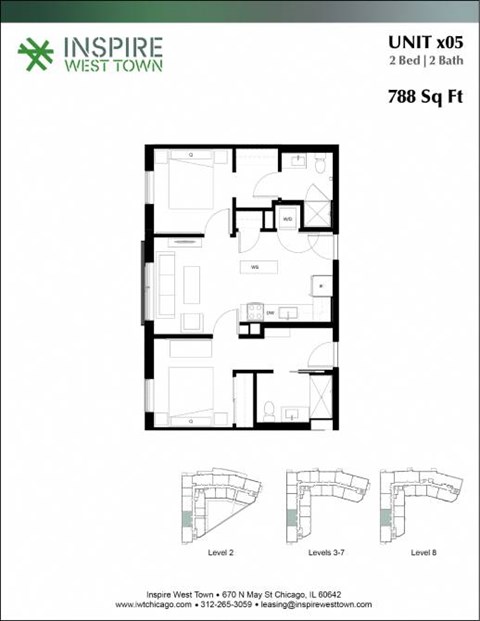 Floor plan for 2 beds, 2 baths, 788 sqft